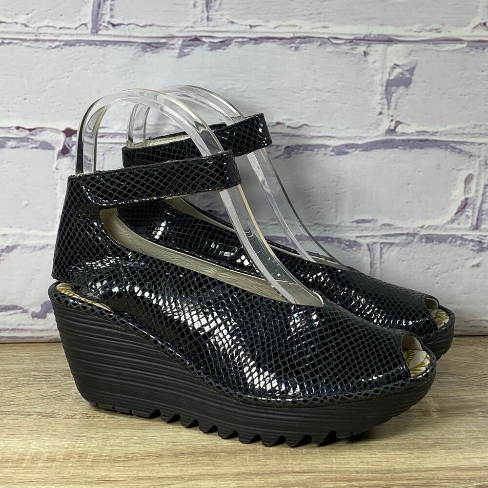 Fly London Black Wedge Sandals